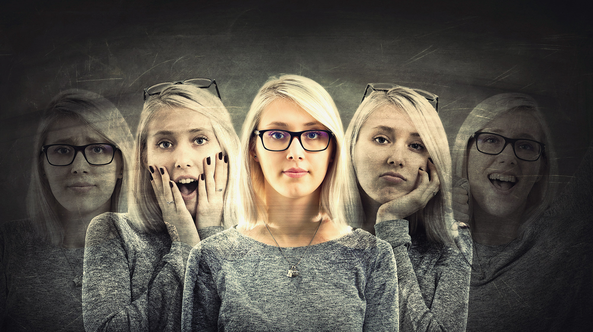 woman's face going through range of emotions