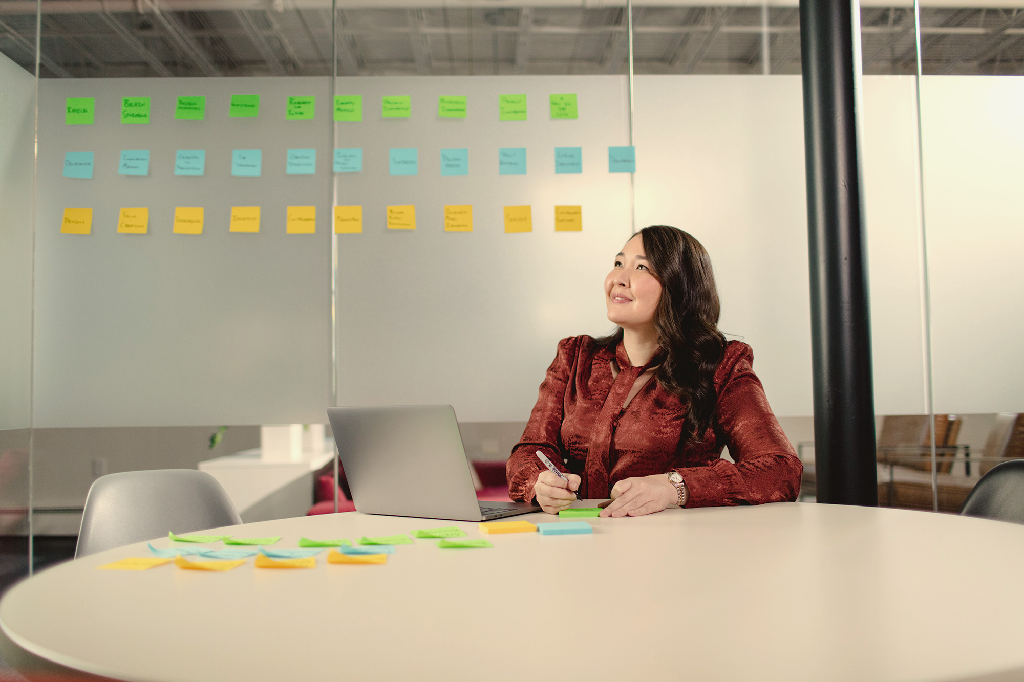 Woman using Post-It notes.